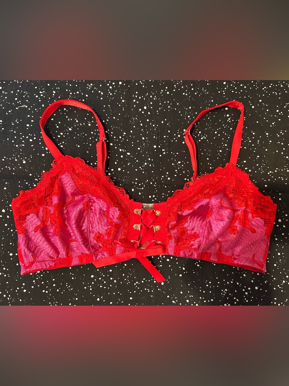 Savage X Fenty Magenta Satin & Red Lace Lace-Up Bralette